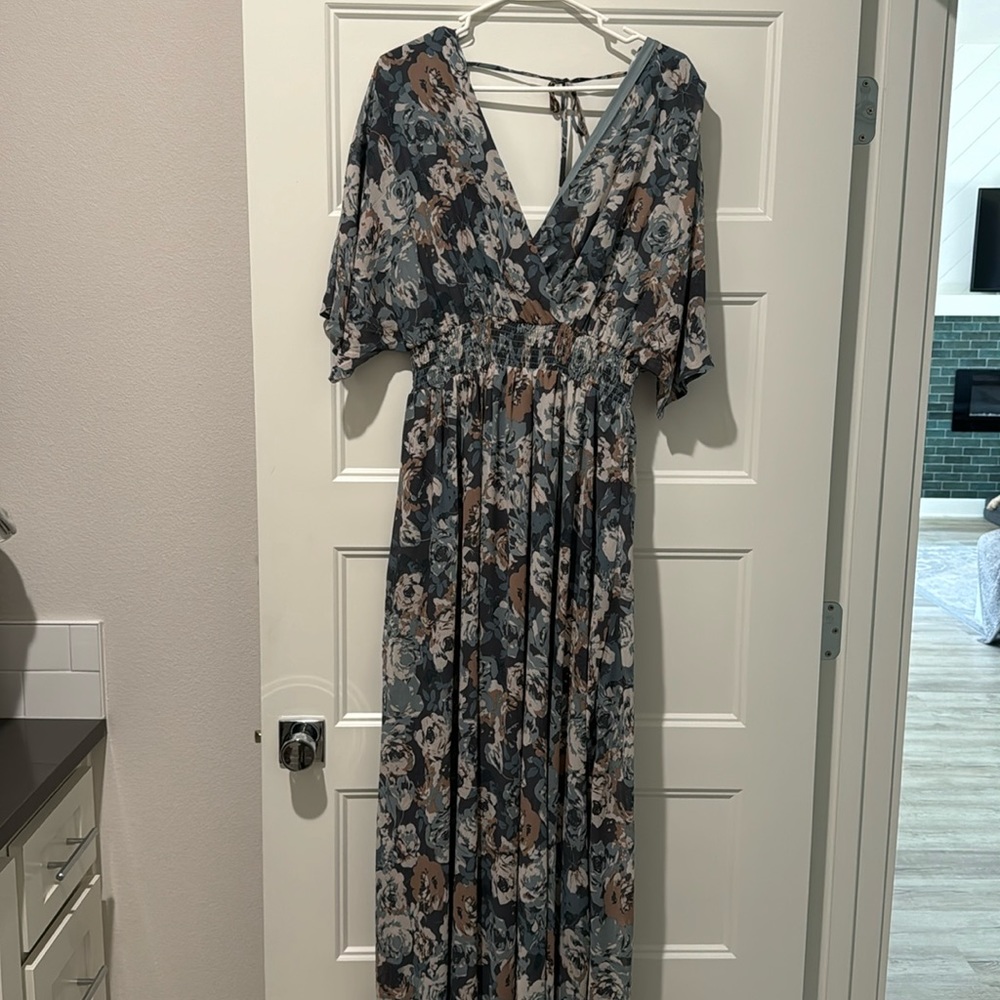 Pink Blush Maternity Floor Length Dress Floral Blue V Neck